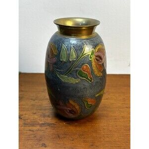 Vintage Brass & Enamel Painted Cloisonné  Floral Bud Vase 5” Tall